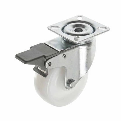 75mm Pressed Steel Swivel Castor Wheel with Brake - White Nylon Wheel & 4-Hole Top Plate - 75kg Load