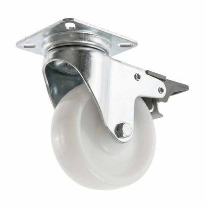 75mm Pressed Steel Swivel Castor Wheel with Brake - White Nylon Wheel & 4-Hole Top Plate - 75kg Load