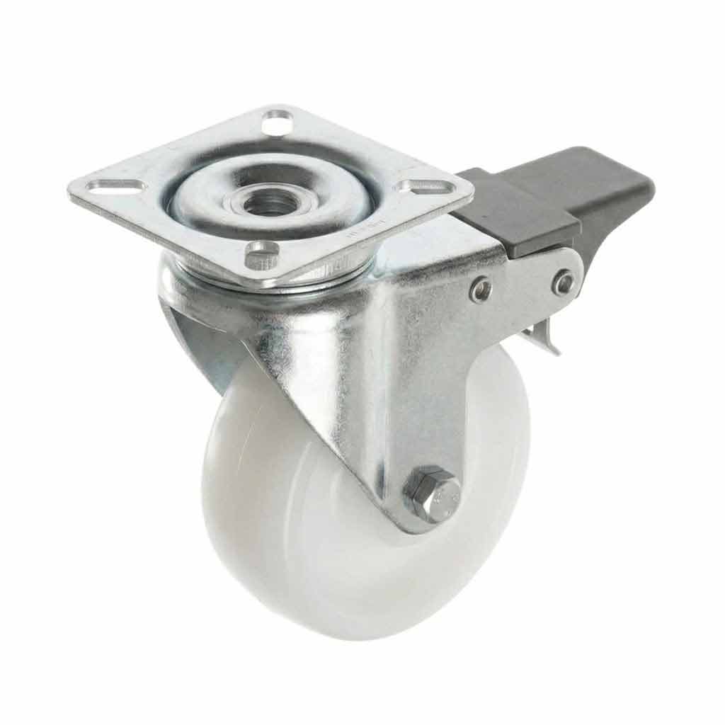 75mm Pressed Steel Swivel Castor Wheel with Brake - White Nylon Wheel & 4-Hole Top Plate - 75kg Load