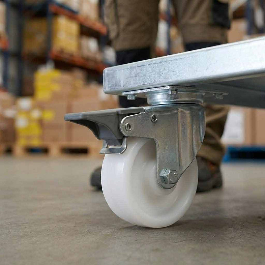 75mm Pressed Steel Swivel Castor Wheel with Brake - White Nylon Wheel & 4-Hole Top Plate - 75kg Load