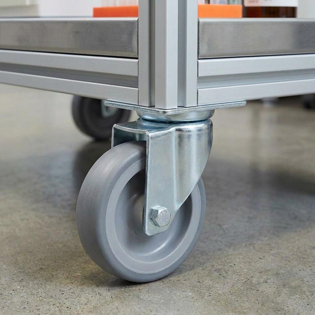 Dark Sea Green 80mm Zinc Plated Swivel Retail Castor Wheel - Grey Rubber, 4-Hole Top Plate - 50kg Load Capacity