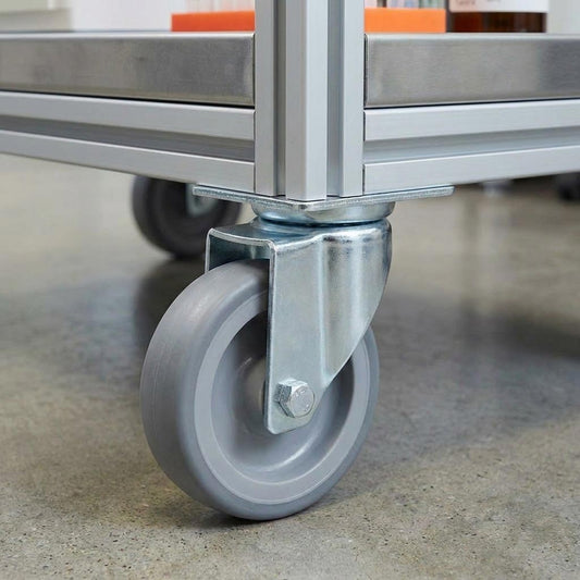 Dark Sea Green 80mm Zinc Plated Swivel Retail Castor Wheel - Grey Rubber, 4-Hole Top Plate - 50kg Load Capacity