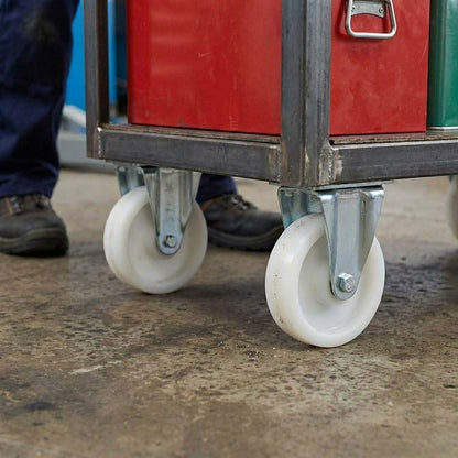 Dim Gray 80mm Pressed Steel Fixed Castor with White Nylon Wheel, 4-Hole Top Plate - 120kg Load Capacity