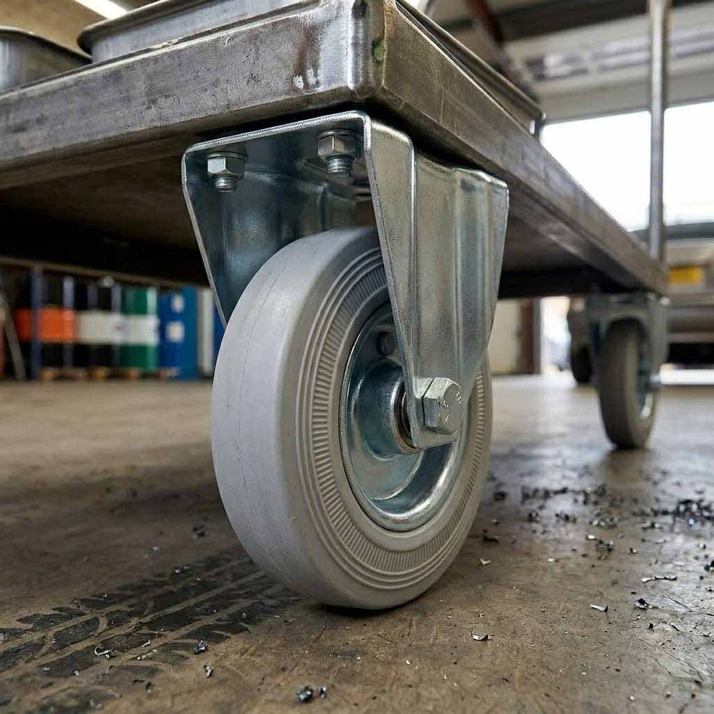 80mm Pressed Steel Fixed Castor Wheel - Grey Rubber on Pressed Steel - 60kg Load Capacity