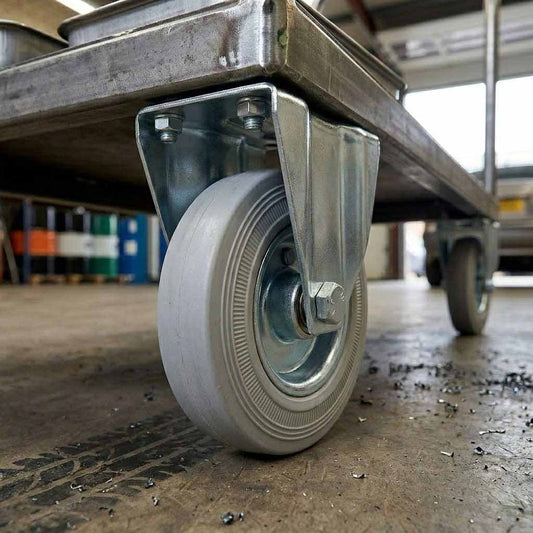 80mm Pressed Steel Fixed Castor Wheel - Grey Rubber on Pressed Steel - 60kg Load Capacity