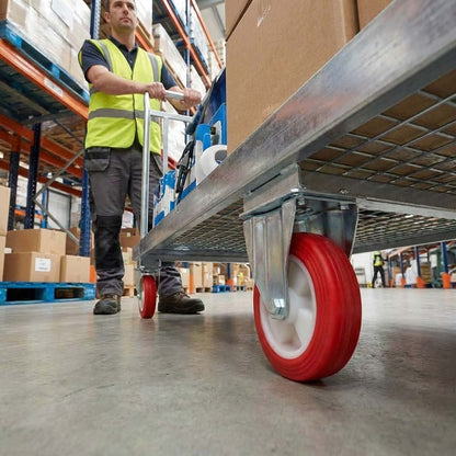 80mm Pressed Steel Fixed Castor Wheel - Red Polyurethane on White Nylon - 90kg Load Capacity