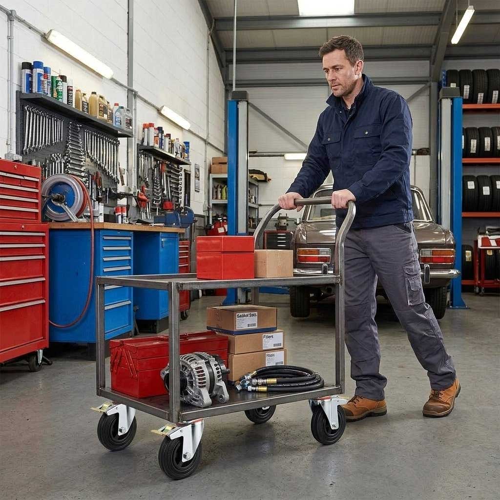 80mm Pressed Steel Swivel Castor, Black Rubber on Polypropylene Wheel, Directional Brake - 60kg Load