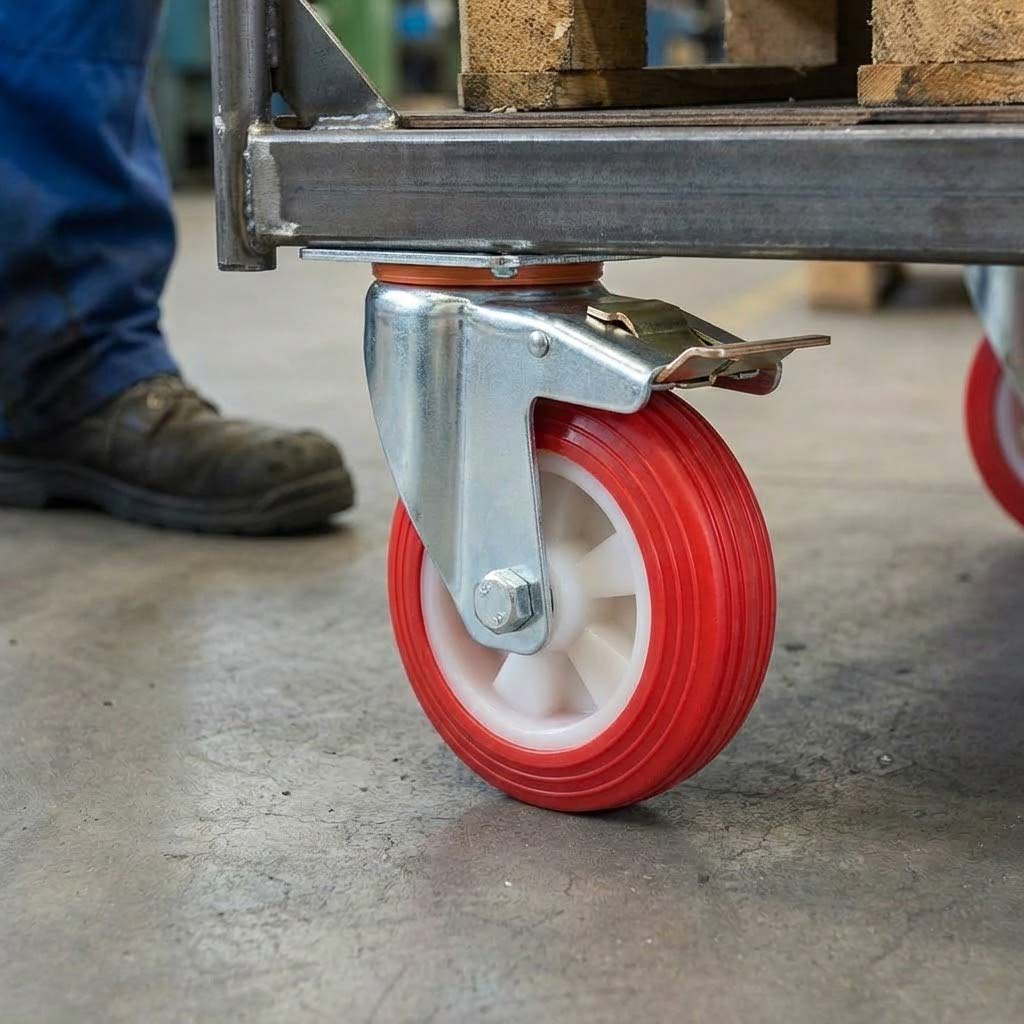 80mm Pressed Steel Swivel Castor Wheel with Directional Brake & Top Plate - Red Polyamide, 90kg Load