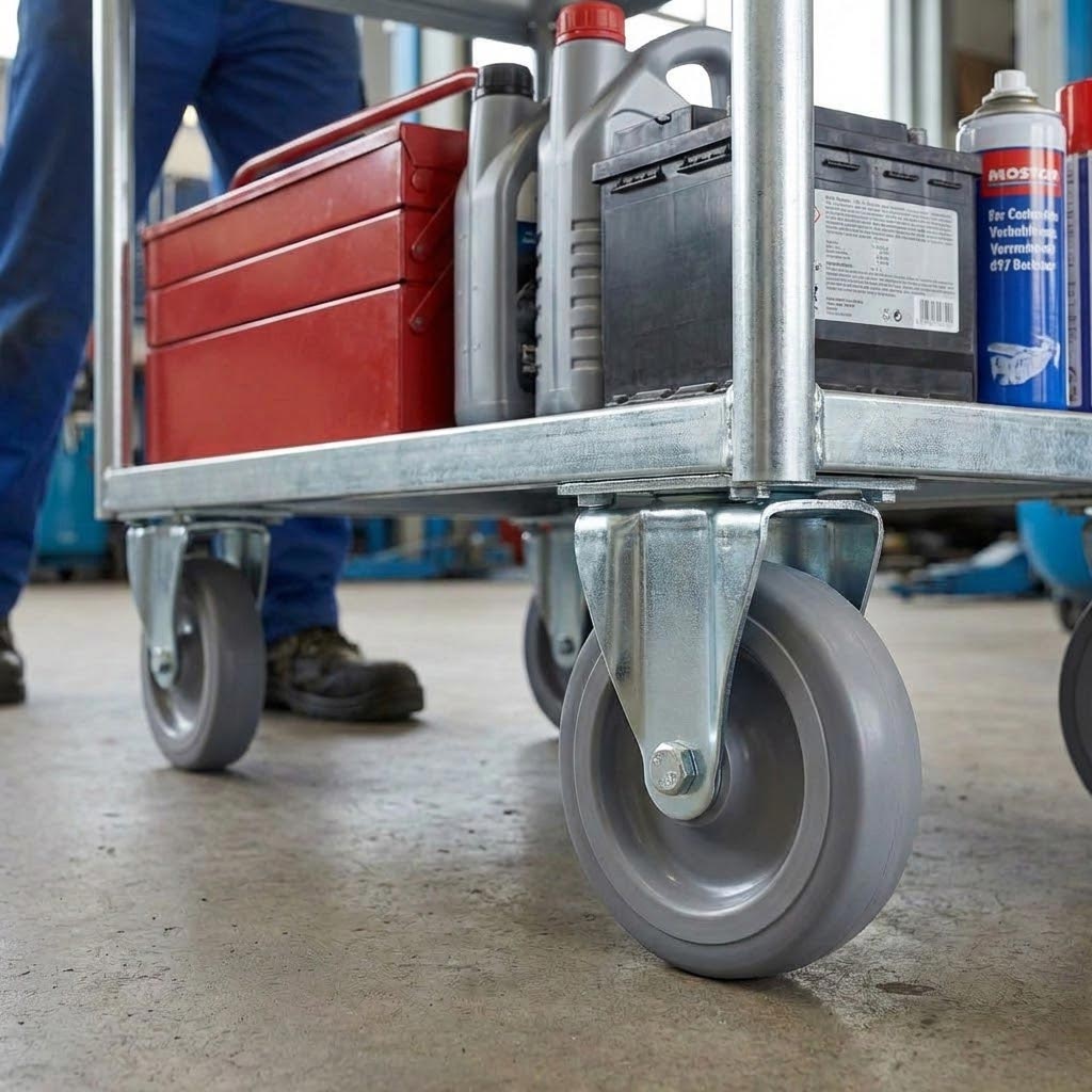 80mm Zinc Plated Fixed Retail Castor Wheel - Grey Thermoplastic Rubber Wheel - 50kg Load Capacity
