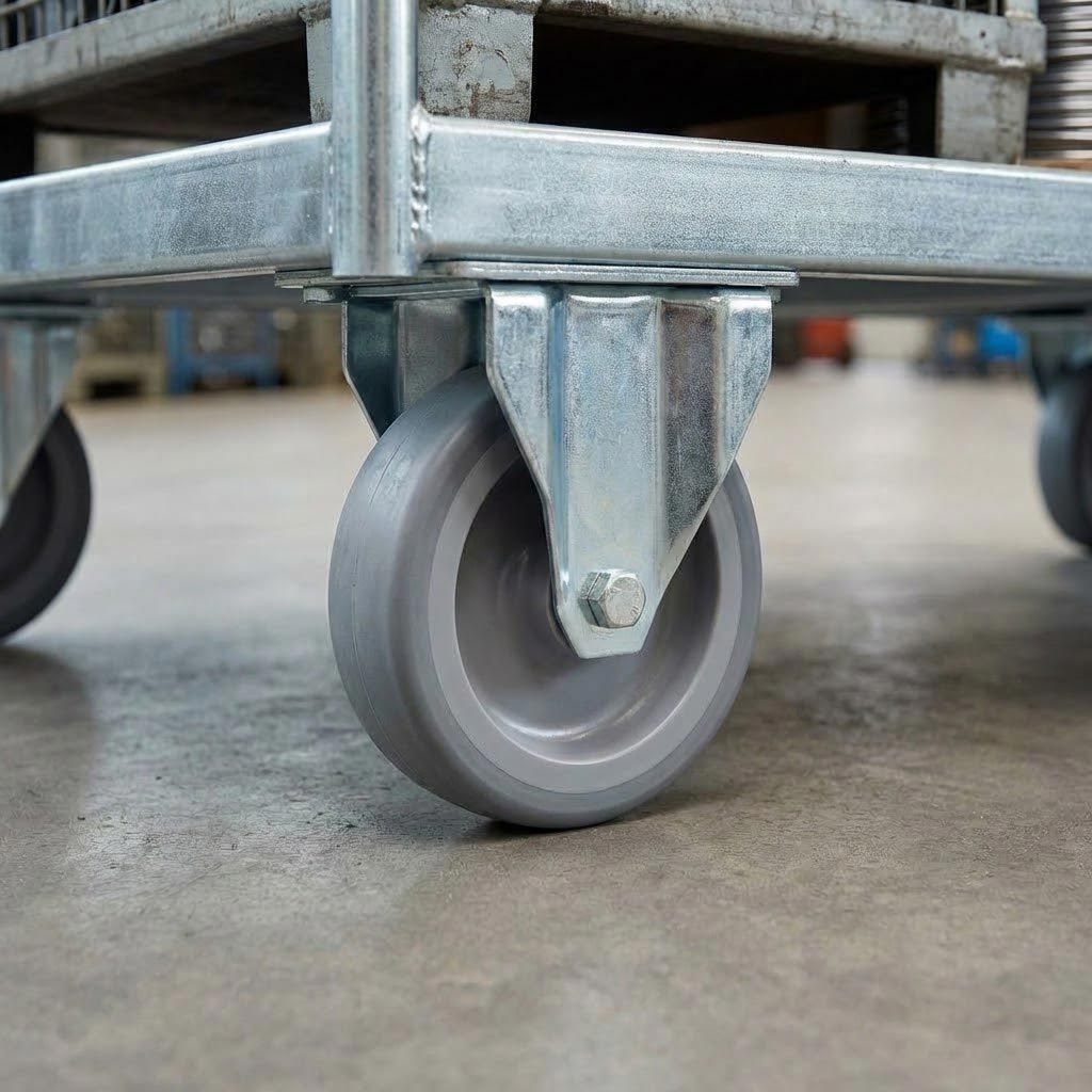 80mm Zinc Plated Fixed Retail Castor Wheel - Grey Thermoplastic Rubber Wheel - 50kg Load Capacity