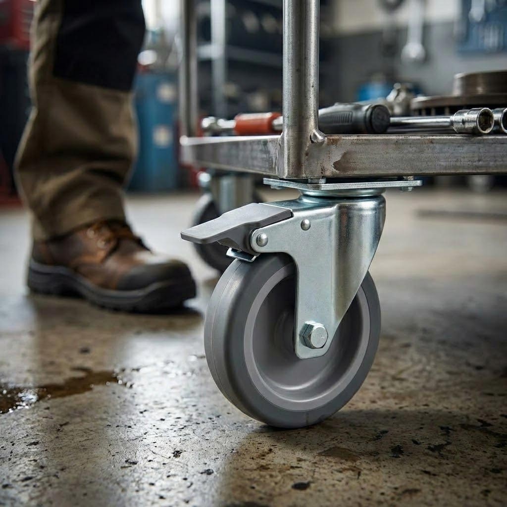 80mm Zinc Plated Swivel Retail Castor Wheel with Brake - Grey Rubber & 4-Hole Top Plate, 50kg Load