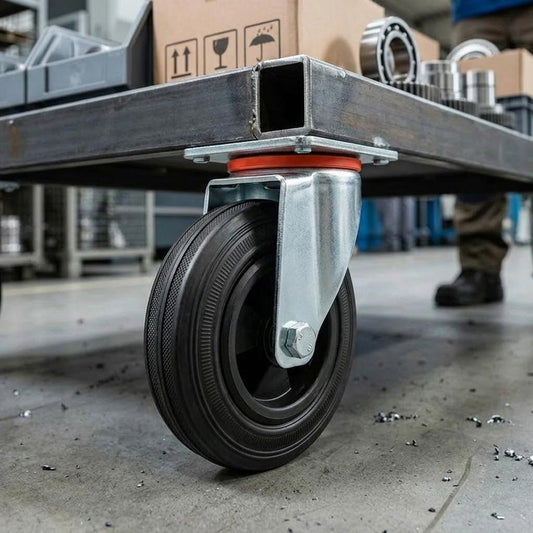 150mm Pressed Steel Swivel Castor with Black Rubber on Polypropylene Wheel - 130kg Load Capacity