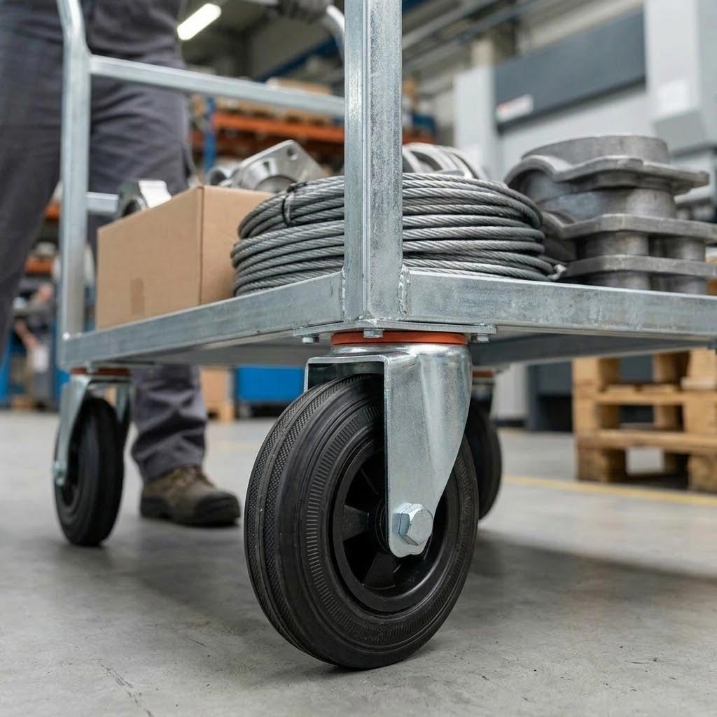 80mm Pressed Steel Swivel Castor with Black Rubber on Polypropylene Wheel - 60kg Load Capacity