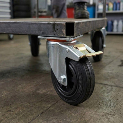 125mm Pressed Steel Swivel Castor, Black Rubber on Polypropylene Wheel, Directional Brake - 110kg Load