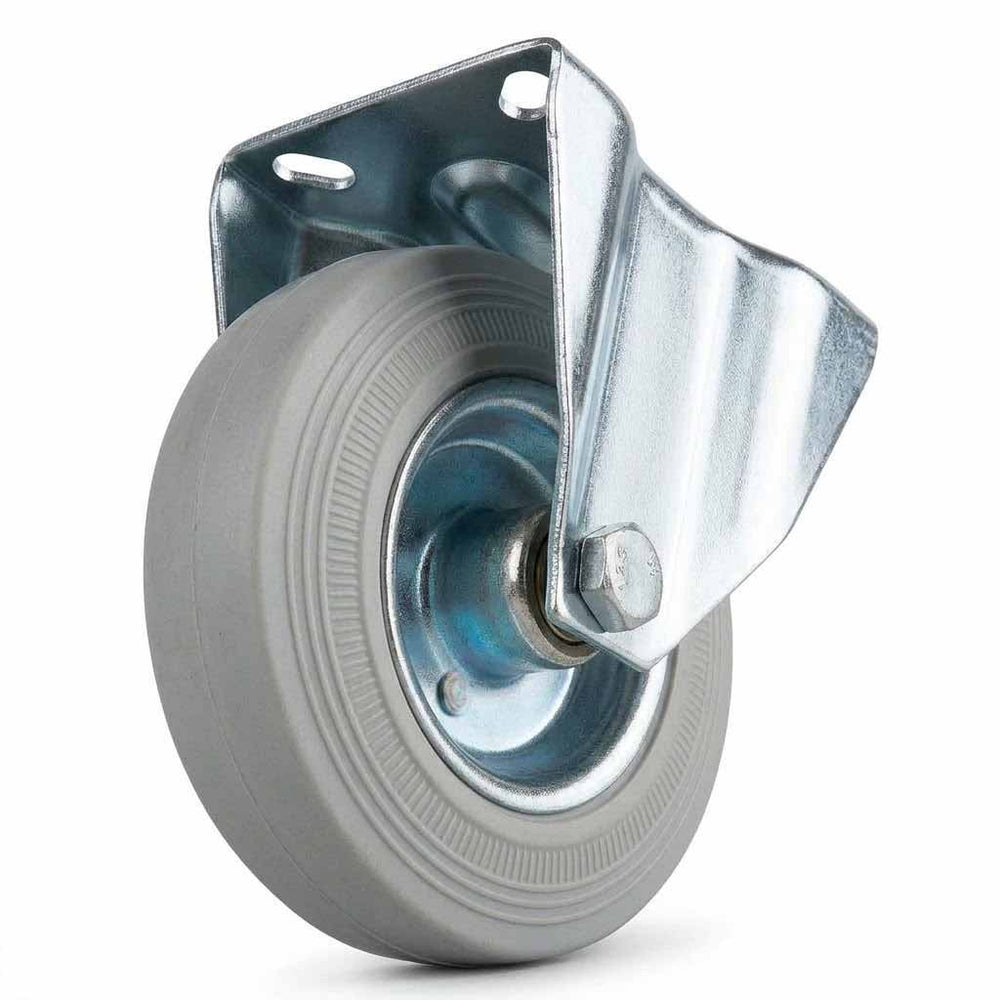 Pressed Steel Fixed Castors with Grey Rubber Wheel