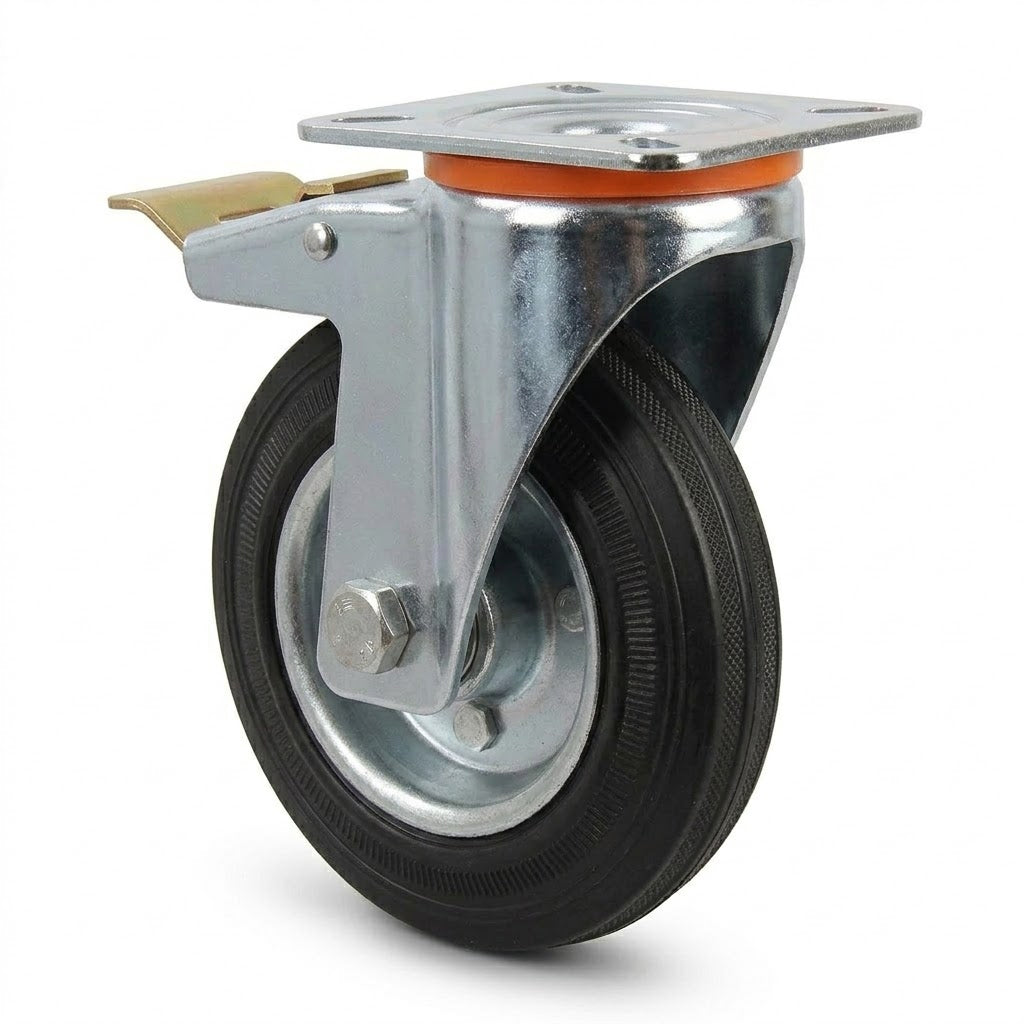 Pressed Steel Swivel Castors with Black Rubber Wheel and Directional Brake