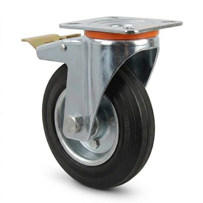 Pressed Steel Swivel Castors with Black Rubber Wheel and Directional Brake