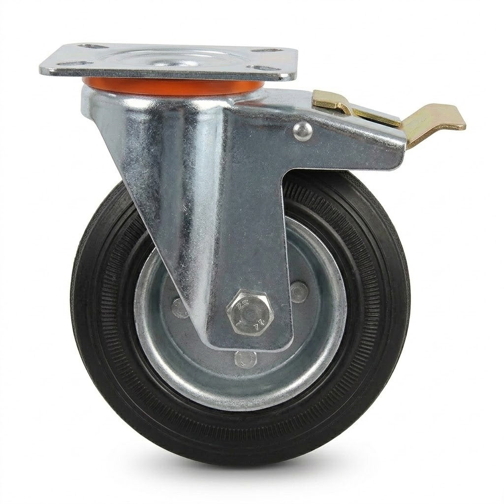 Pressed Steel Swivel Castors with Black Rubber Wheel and Directional Brake