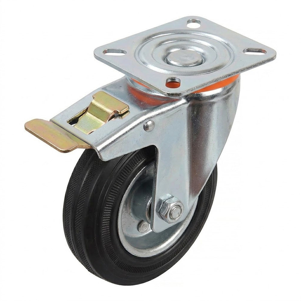 Pressed Steel Swivel Castors with Black Rubber Wheel and Directional Brake