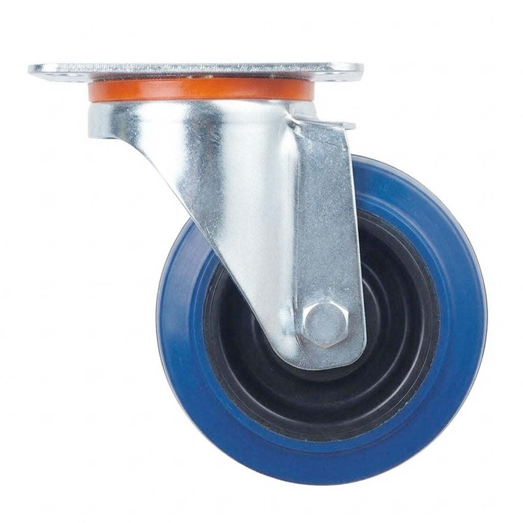 Pressed Steel Swivel Castors with Blue Polyamide Rubber Wheel