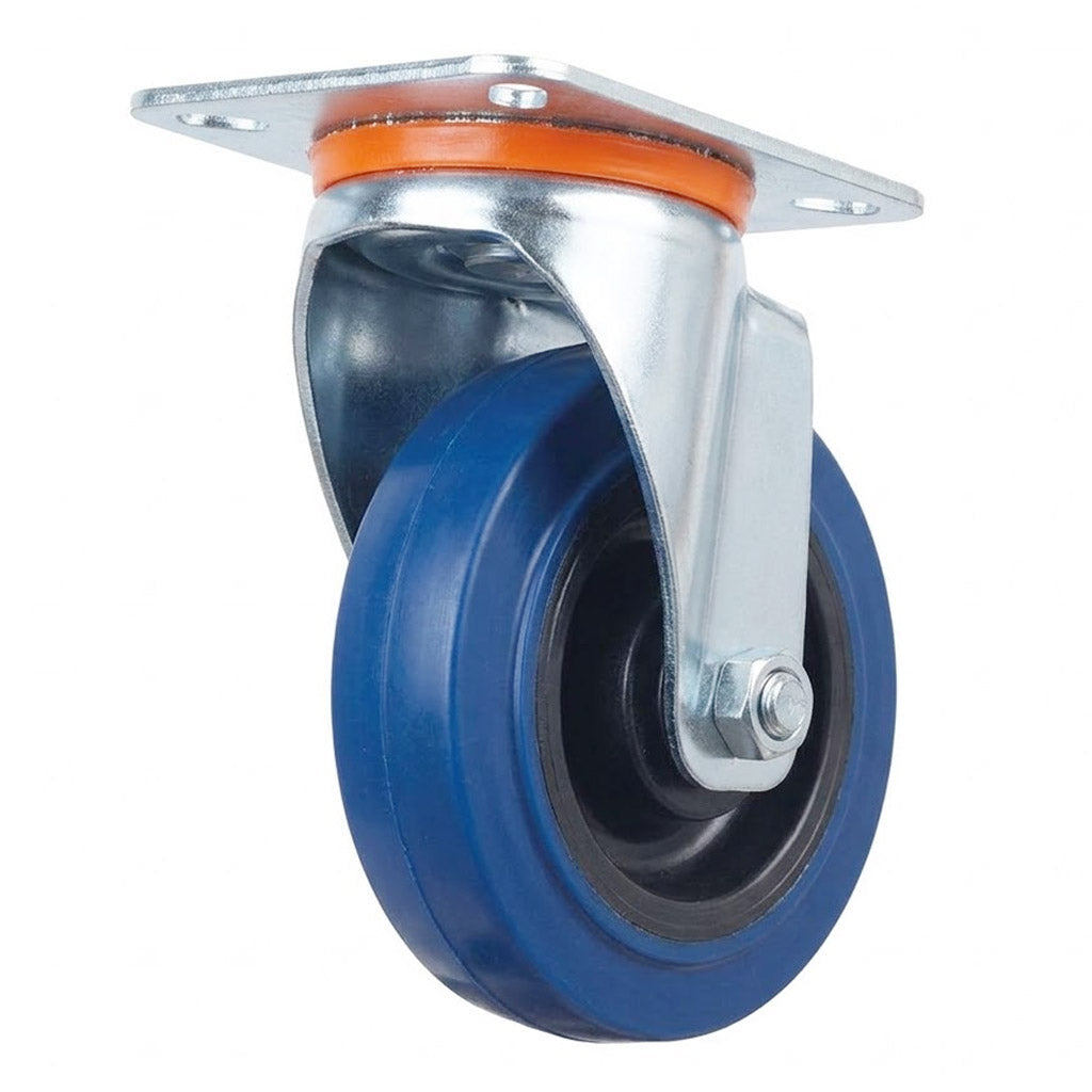 Pressed Steel Swivel Castors with Blue Polyamide Rubber Wheel