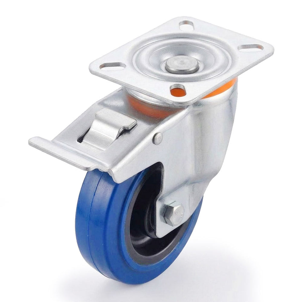 Pressed Steel Swivel Castors with Blue Polyamide Rubber Wheel and Directional Brake