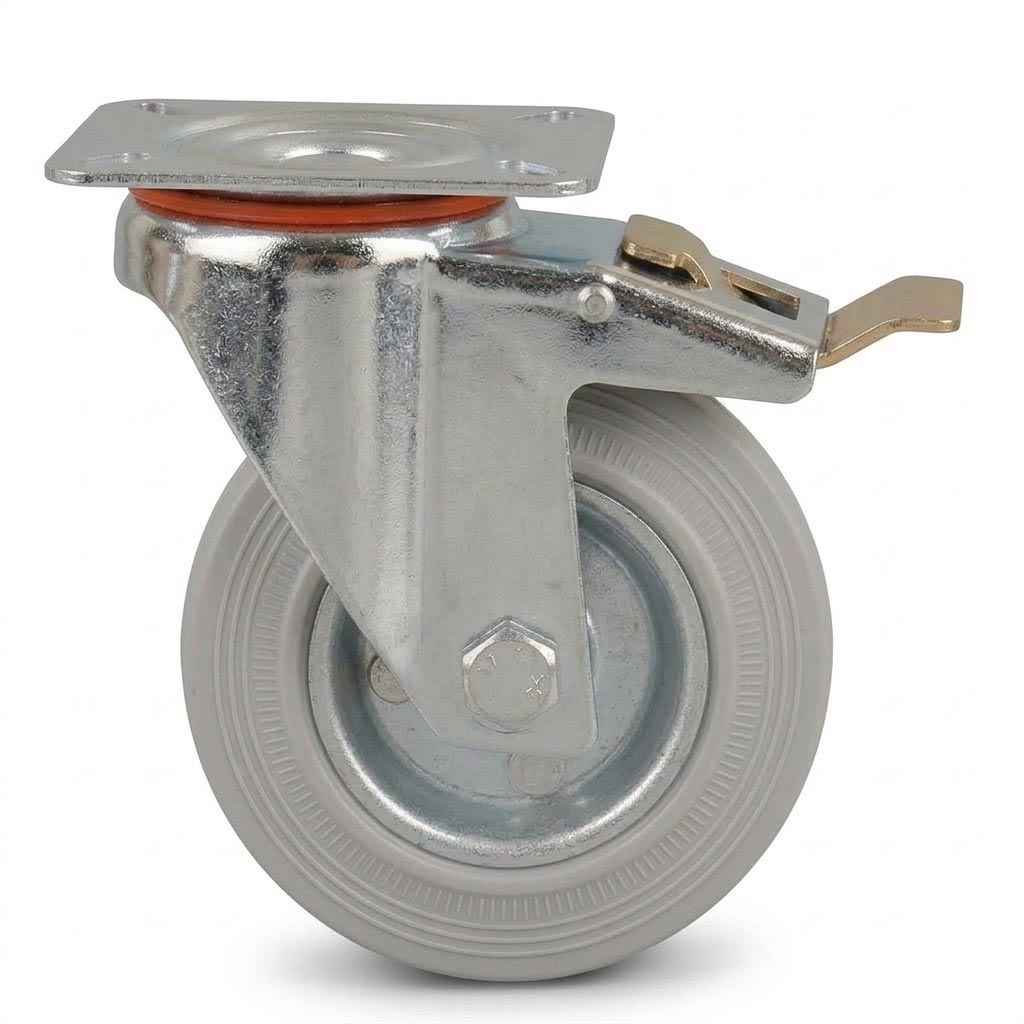 Pressed Steel Swivel Castors with Grey Rubber Wheel and Directional Brake