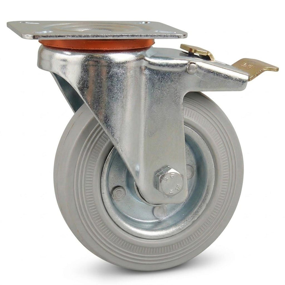 Pressed Steel Swivel Castors with Grey Rubber Wheel and Directional Brake