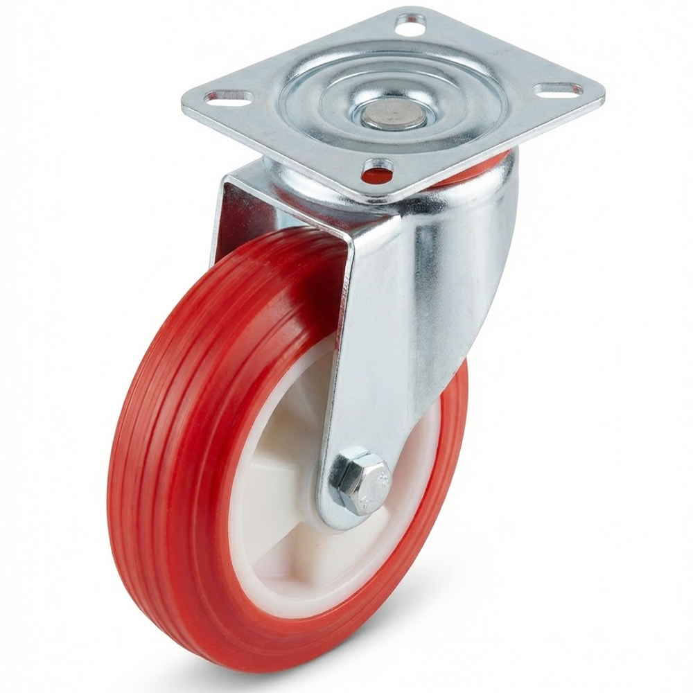 Pressed Steel Swivel Castors with Red Thermoplastic Wheel