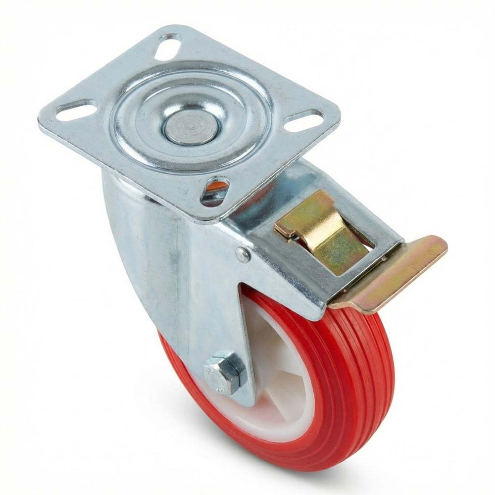 Pressed Steel Swivel Castors with Red Thermoplastic Wheel and Directional Brake