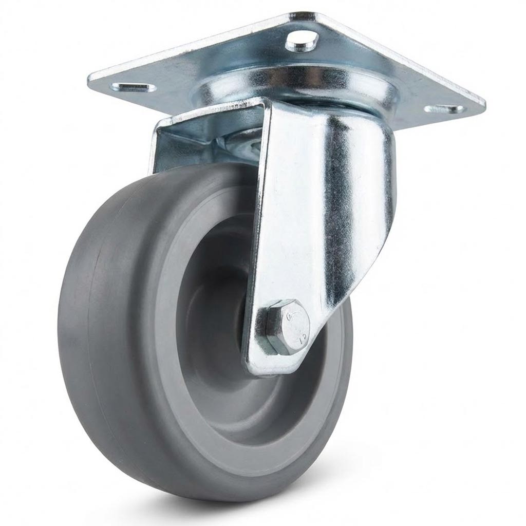 White Smoke 60mm Zinc Plated Swivel Retail Castor Wheel - Grey Rubber, 4-Hole Top Plate - 40kg Load Capacity