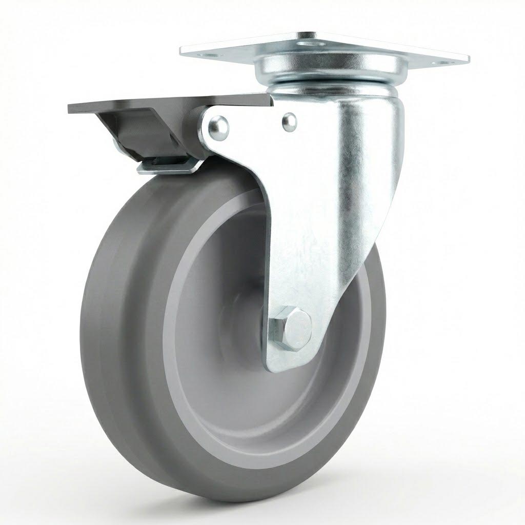 Zinc Plated Swivel Retail Castor Wheel with Brake - Grey Rubber & 4-Hole Top Plate