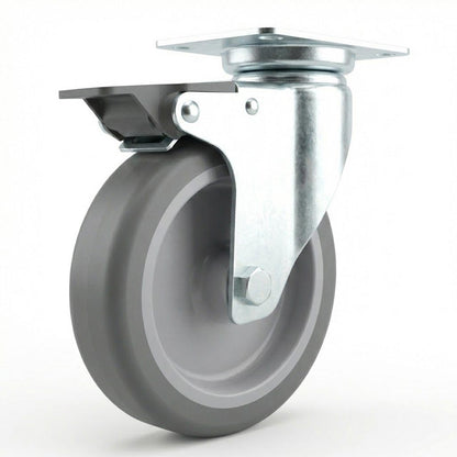 Zinc Plated Swivel Retail Castor Wheel with Brake - Grey Rubber & 4-Hole Top Plate