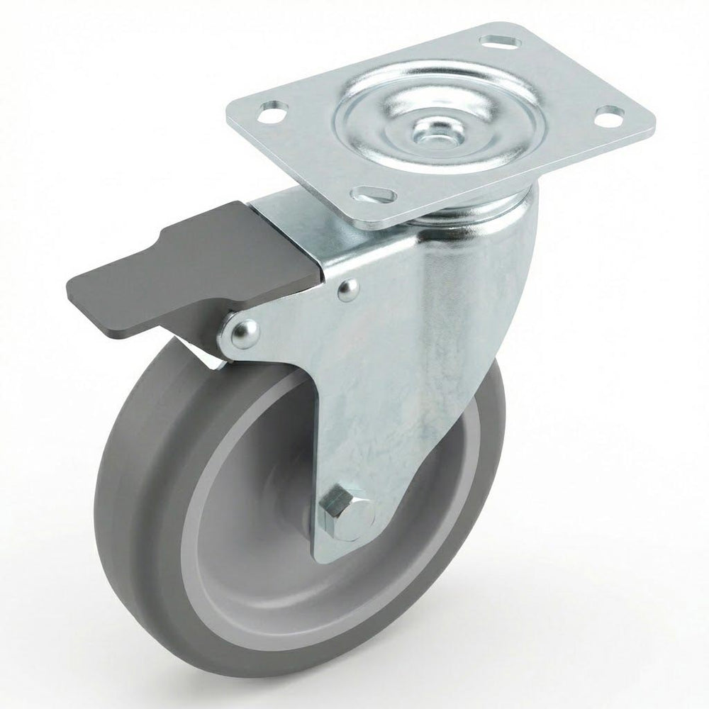 Zinc Plated Swivel Retail Castor Wheel with Brake - Grey Rubber & 4-Hole Top Plate