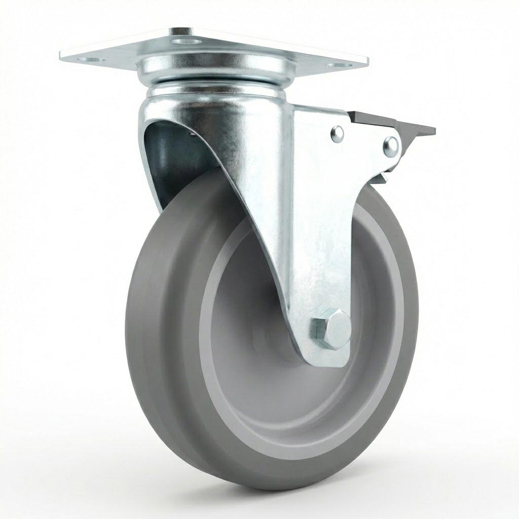 Zinc Plated Swivel Retail Castor Wheel with Brake - Grey Rubber & 4-Hole Top Plate