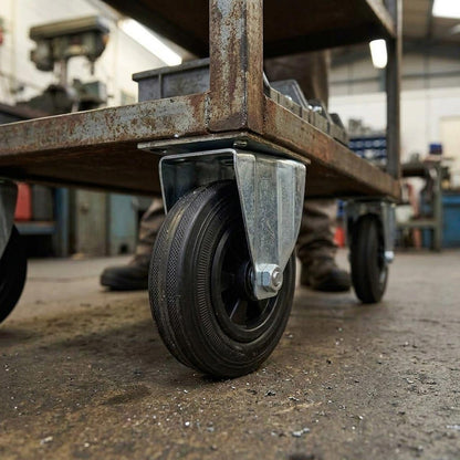 100mm Pressed Steel Fixed Castor with Black Rubber on Polypropylene Wheel - 75kg Load Capacity