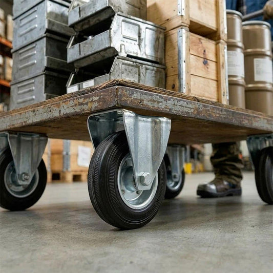 200mm Pressed Steel Fixed Castor Wheel - Black Rubber on Pressed Steel - 180kg Load Capacity