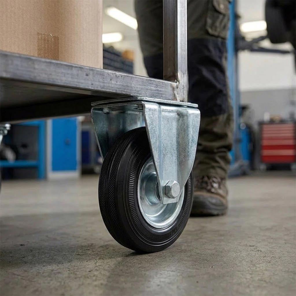 150mm Pressed Steel Fixed Castor Wheel - Black Rubber on Pressed Steel - 130kg Load Capacity