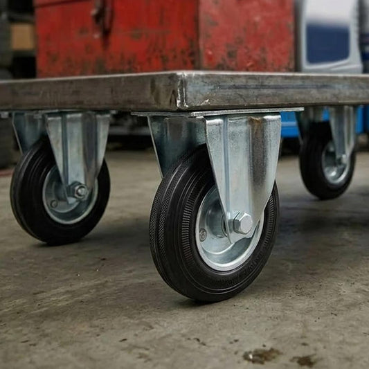 100mm Pressed Steel Fixed Castor Wheel - Black Rubber on Pressed Steel - 75kg Load Capacity