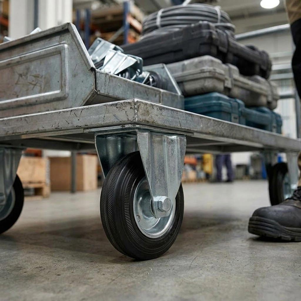 80mm Pressed Steel Fixed Castor Wheel - Black Rubber on Pressed Steel - 60kg Load Capacity