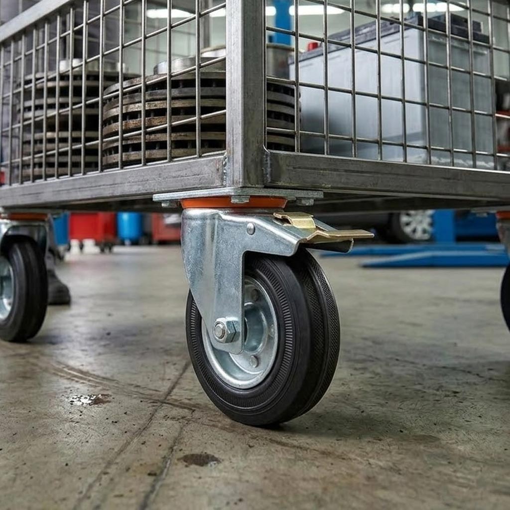 200mm Pressed Steel Swivel Castor Wheel with Directional Brake & Top Plate - Black Rubber - 180kg Load