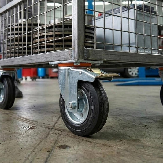 200mm Pressed Steel Swivel Castor Wheel with Directional Brake & Top Plate - Black Rubber - 180kg Load