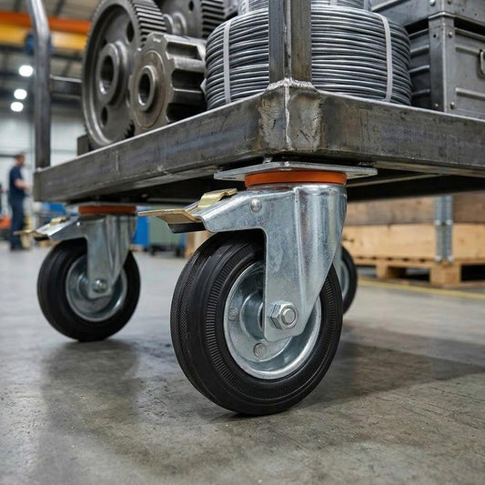 150mm Pressed Steel Swivel Castor Wheel with Directional Brake & Top Plate - Black Rubber - 130kg Load