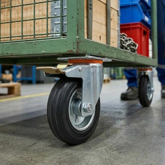 100mm Pressed Steel Swivel Castor Wheel with Directional Brake & Top Plate - Black Rubber - 75kg Load