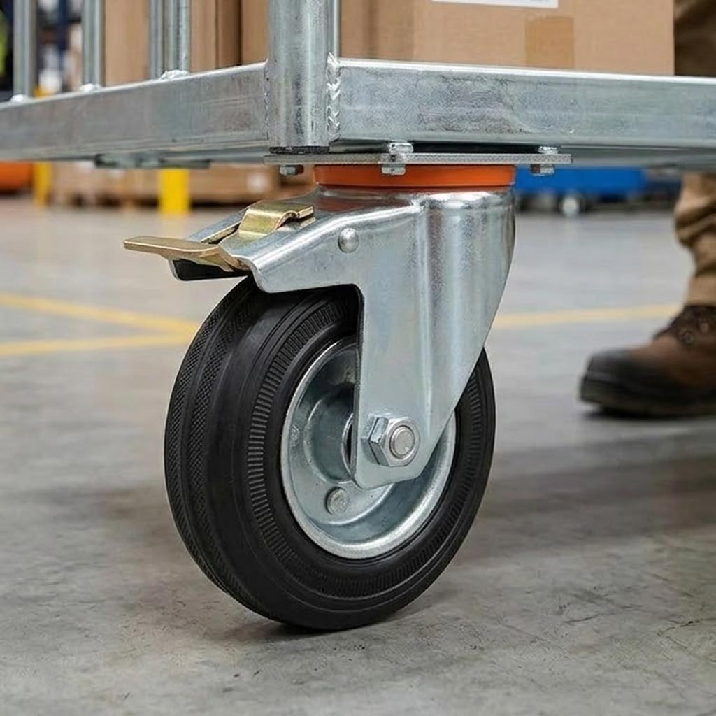 80mm Pressed Steel Swivel Castor Wheel with Directional Brake & Top Plate - Black Rubber - 60kg Load