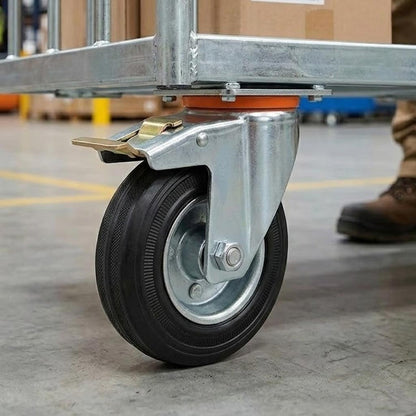 80mm Pressed Steel Swivel Castor Wheel with Directional Brake & Top Plate - Black Rubber - 60kg Load