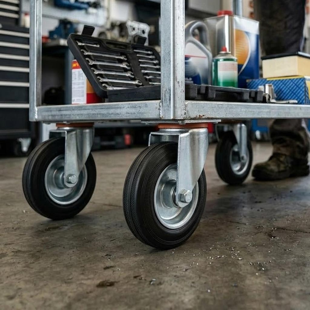 100mm Pressed Steel Swivel Castor Wheel - Black Rubber & 4-Hole Plate - 75kg Load Capacity